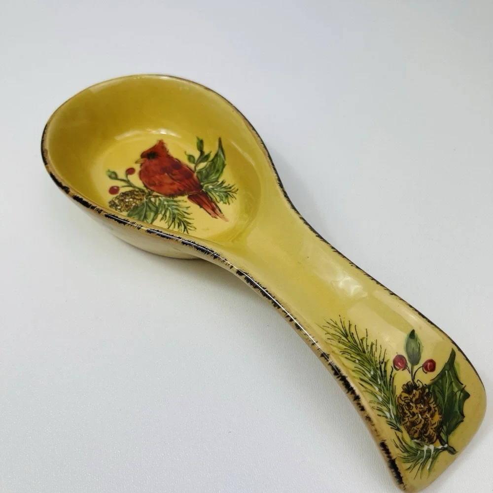 Hand painted Maxcera Cardinal Holiday Pine Holly Utensil Spoon Rest  10